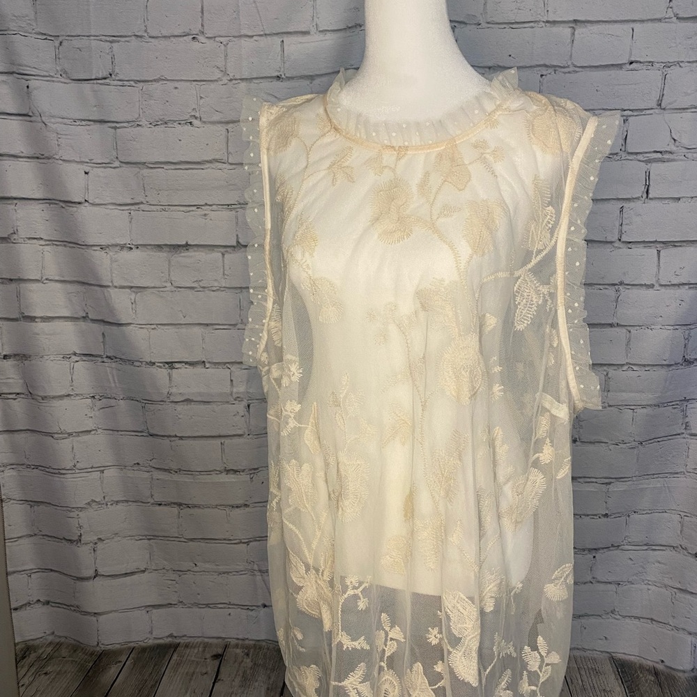 Sheer high collar top. Brand is Who What Wear, Size 3x, off white, hits near hip